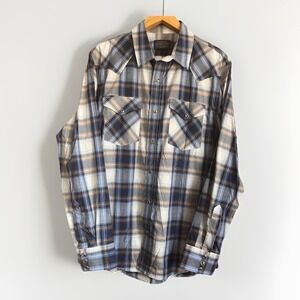 Pendleton Western Shirt Mens Medium Blue Plaid Pima Cotton Snap Long Sleeve